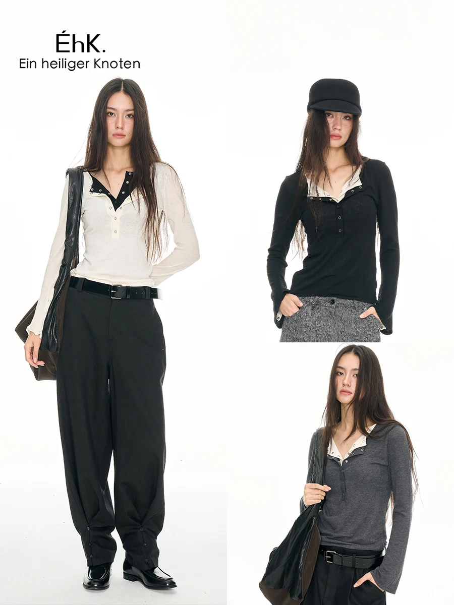 

Повседневный трикотажный топ с эффектом двухслойности и воротником хенли, длинный рукав, приталенный крой, женская коллекция Зима 2025