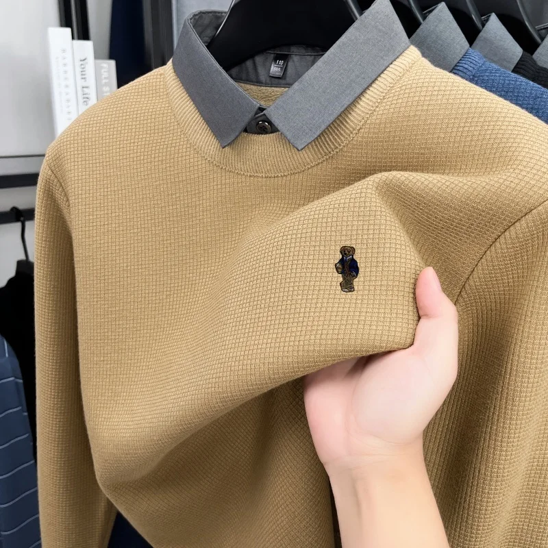 designer original Men's Autumn winter new false two-piece lapel high quality luxury knitwear sweater keep warm Men clothing tops