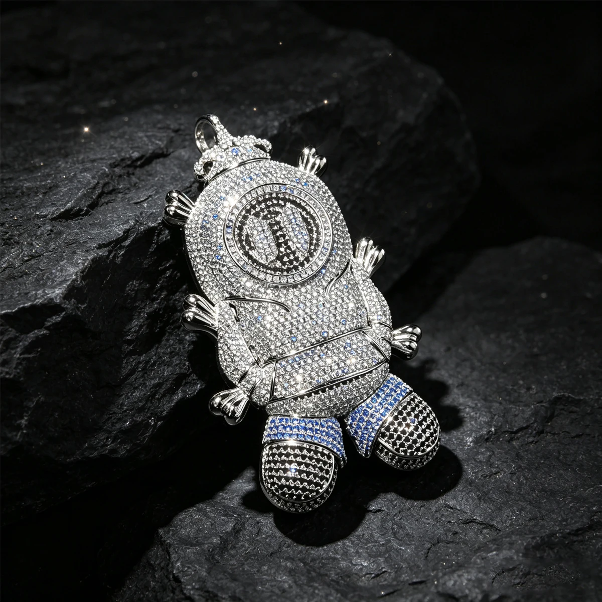 Hip Hop Bling Zircon Space Astronaut Cartoon Pendant Fine Jewelry Gifts For Him Party Daily Wear Jewelry For Men Rapper Street Cuban Chain Accessory Sparkling Full Micro‑Paved CZ Stone Unique Custom 18K Gold Plated Crown Doll Iced Out Charm Necklace