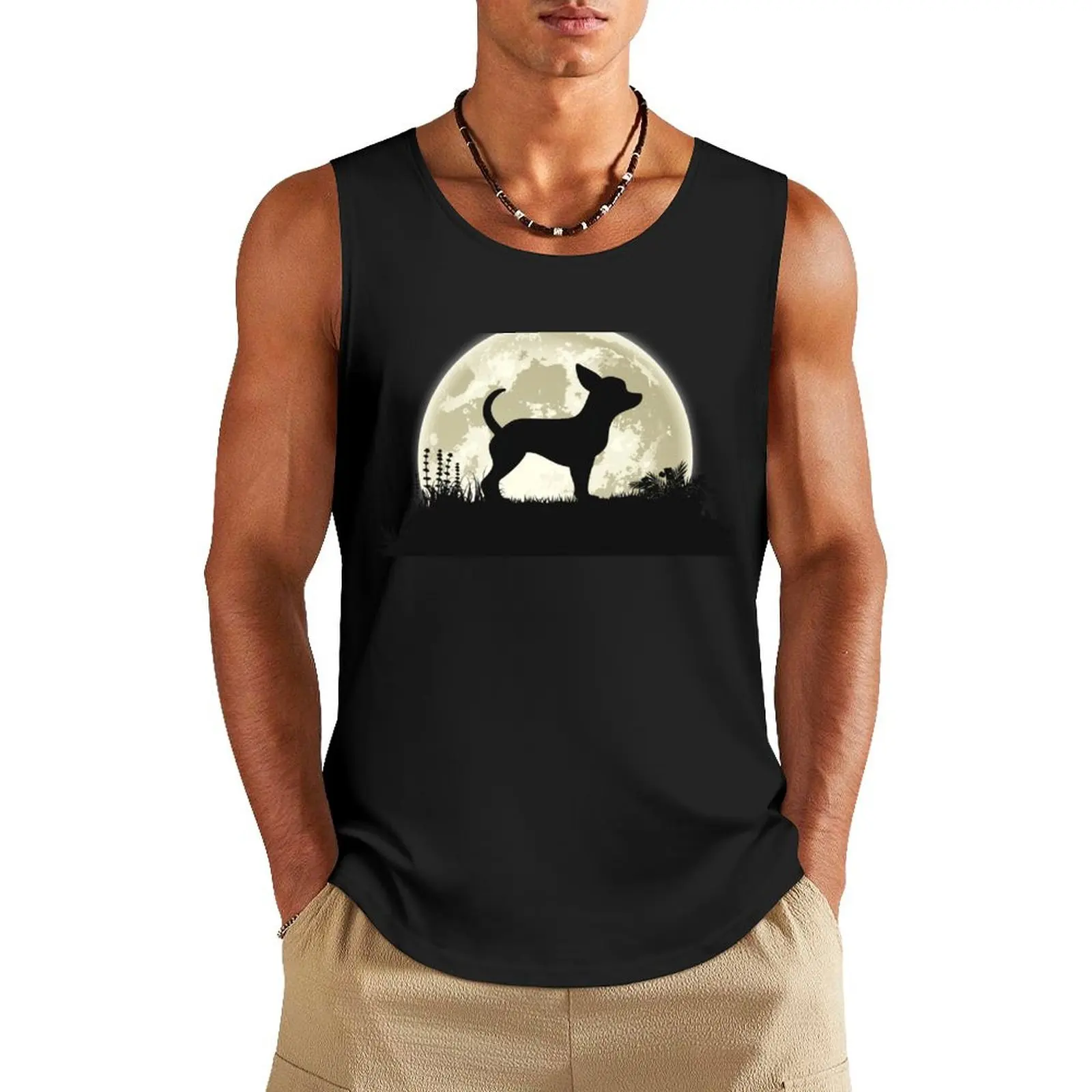 

Chihuahua Silhouette in Front of Moon Tank Top Men's singlets fitness t-shirt for men