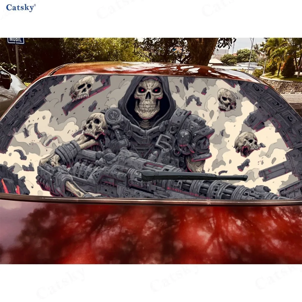 Trendy Sci - Fi Mechanical Skull - أغطية فينيل للسيارة المثقبة من مادة PVC، ملصق متين للزجاج الأمامي الخلفي للسيارة، إعادة إعادة السيارة المقاومة للماء