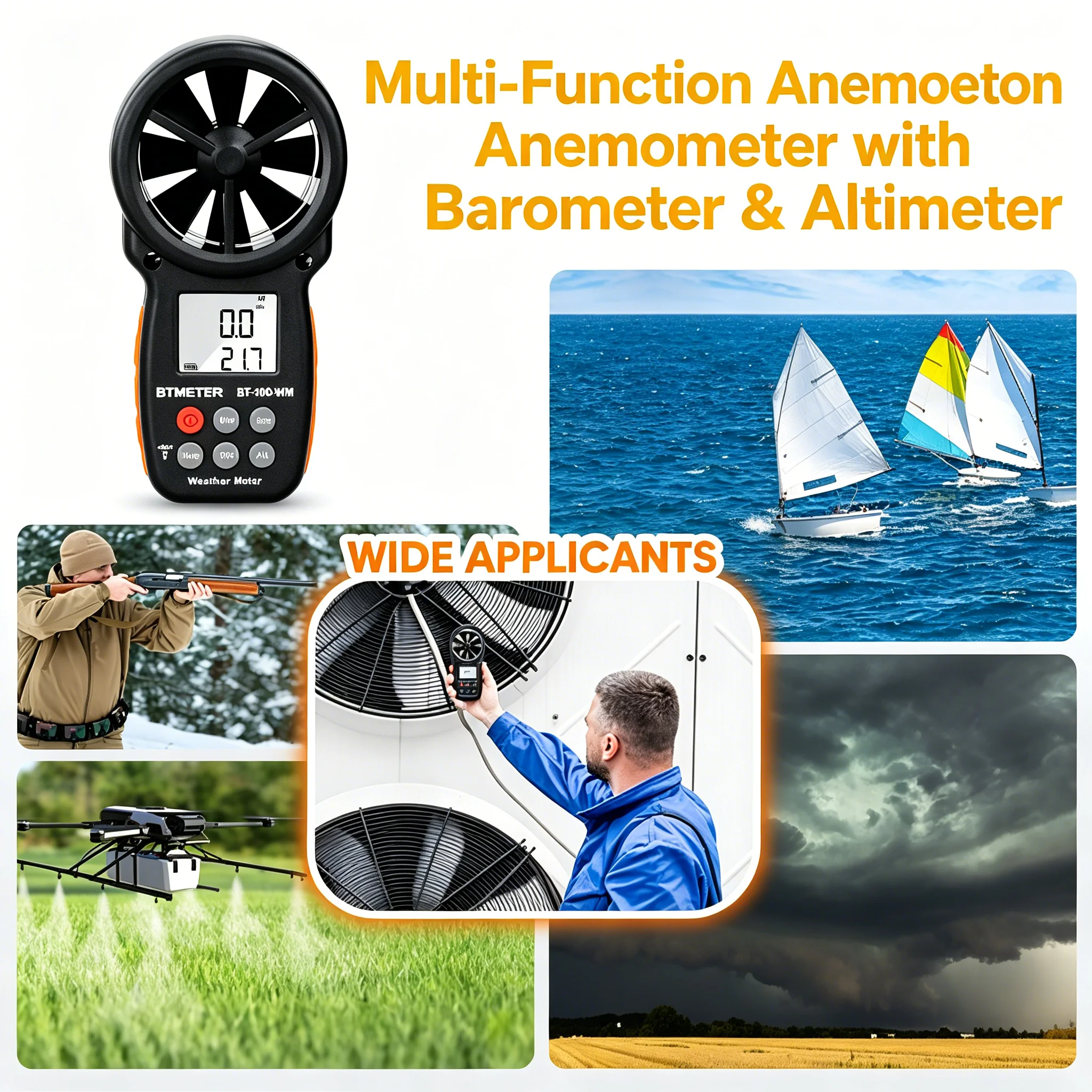 

BT100 Digital Anemometer with 8-Blade Fan, Backlight LCD Multi-Unit Wind Speed Meter for HVAC, Sailing, Drone & Outdoor Use