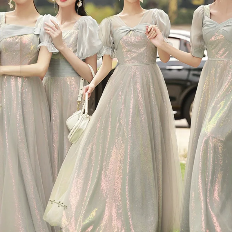 Customized Square Collar Simple Elegant Puff Sleeve Evening Dress Bling Temperament Long Wedding Party Gown Tieredlong Bridesmai