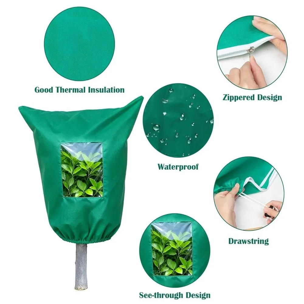Non‑woven Plant Frost Protection Cover View Window Breathable Freeze Protection Cover Cold Resistant with Zipper Drawstring