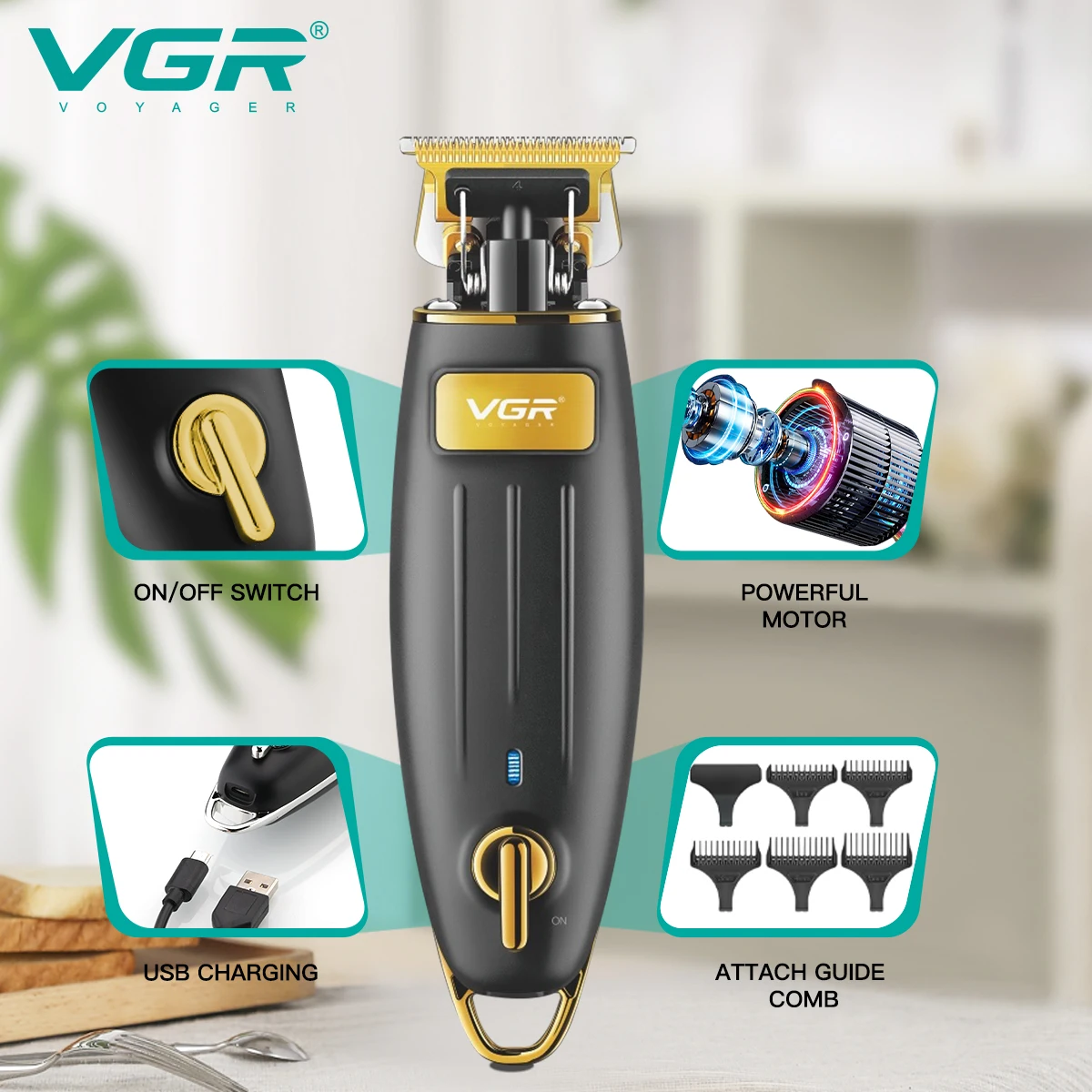 VGR Hair Clipper Rechargeable Hair Trimmer Cordless Hair Cutting Machine Bald Head Haircut Electric 0mm Cutting Blade V-192