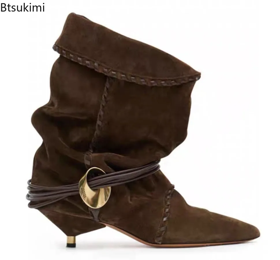 Botines de tacón fino para mujer, nuevos de otoño-invierno, de moda, con punta, tubo ancho, tacón bajo, correa plisada, tallas grandes 34-44