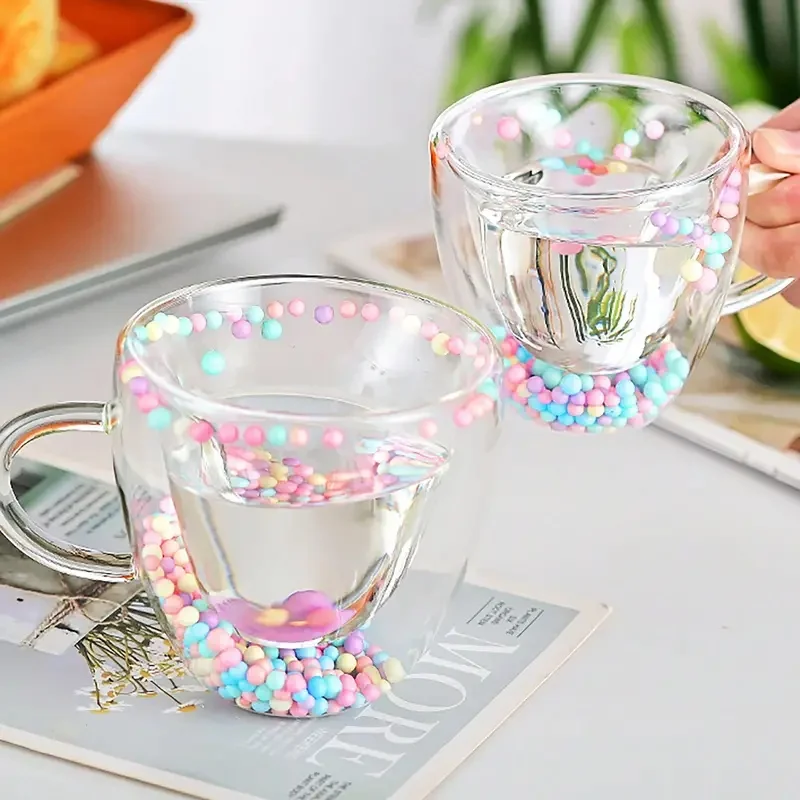 Herzförmige Glastasse, doppelwandig, isoliert, Treibsand-Kaffeetasse, perfekte Espressotassen, Küchen-Trinkgeschirr, Wohnaccessoires