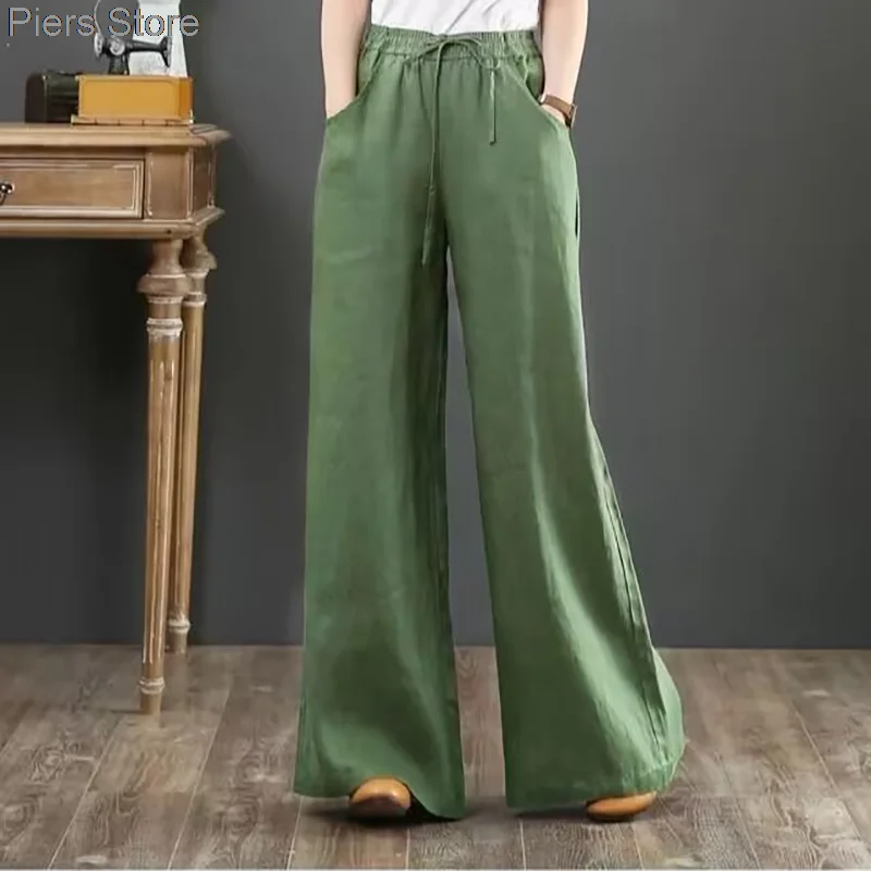 2024 Sommer elastische Taille Baumwolle Leinen Hose Frauen 3xl große Hose lässig Baggy Pantalones Mutter Vintage weites Bein Jogging hose