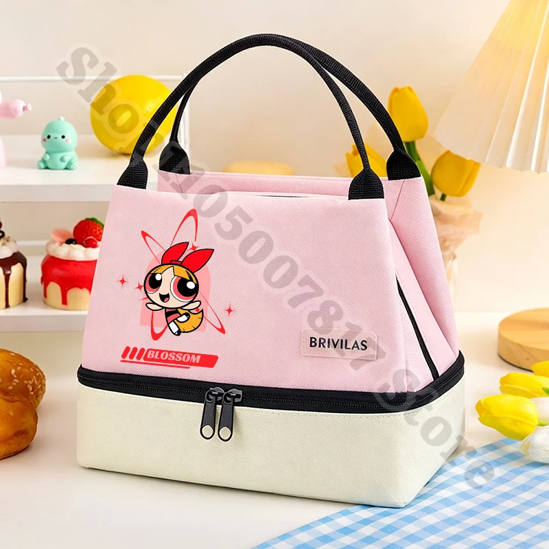 Kawaii The Powerpuffs Girls Anime Zip Lunch Tote Accessories Food Insulation Bag Cartoon Cute Storage Pouch Casual Handbag Gifts view 2