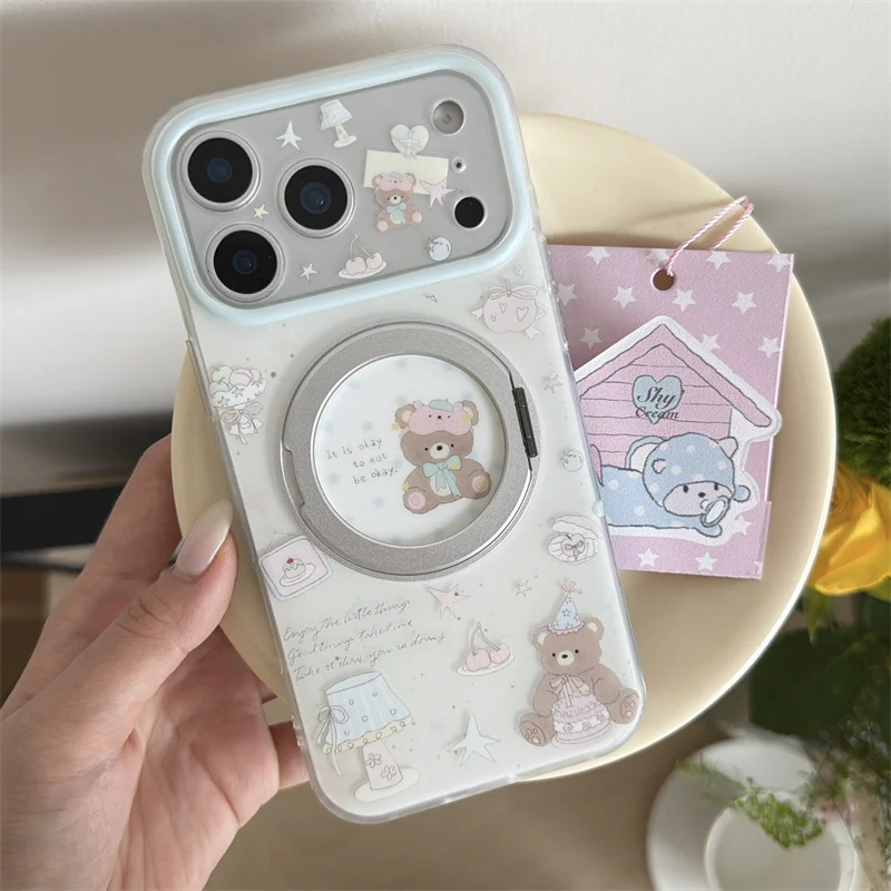 

Cute Bear Magnetic Ring Phone case For iPhone 15 16 17 Promax Camera Lens Cover Clear Shockproof Case Cartoon Star Gift Couple