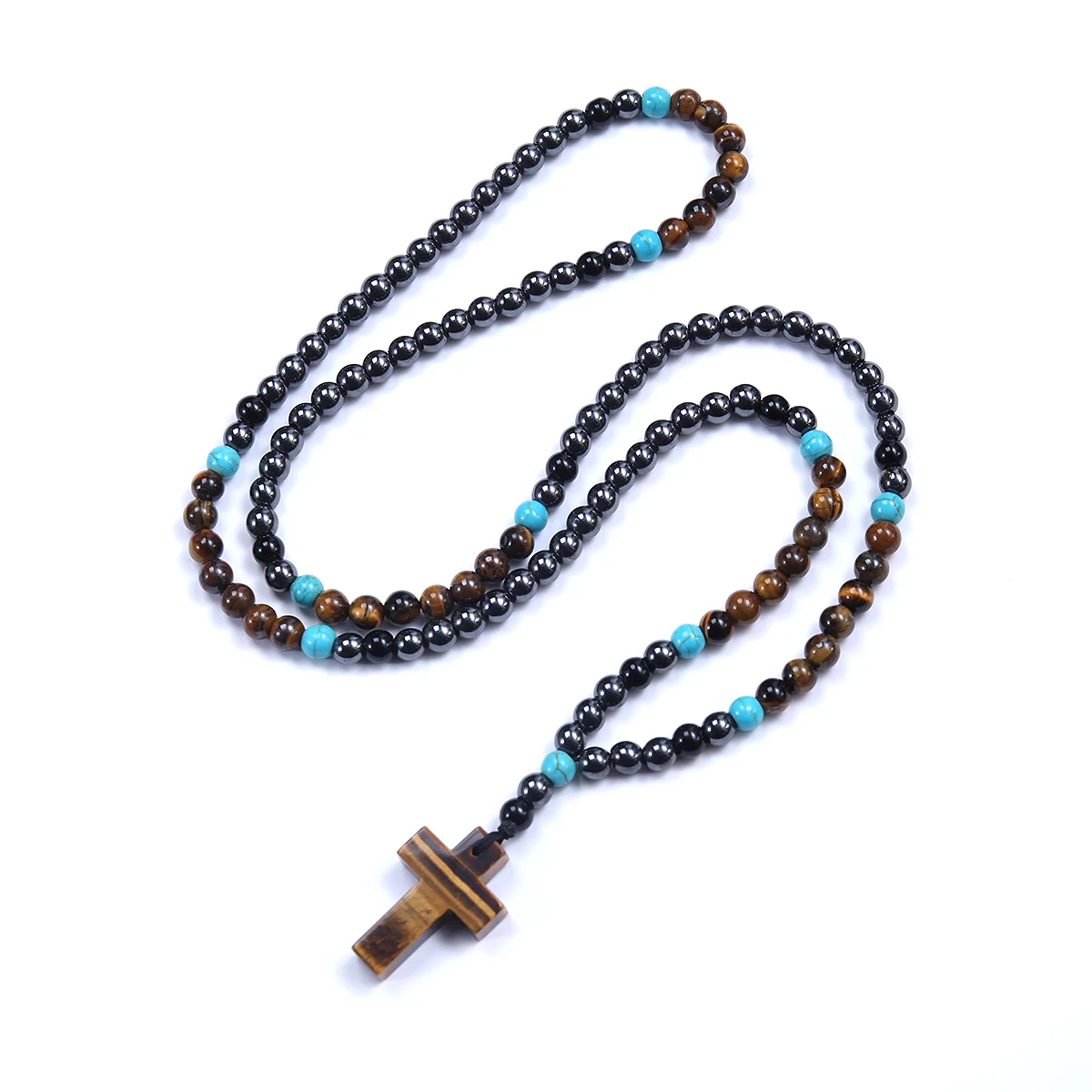 Boho Vintage 6mm Runde Perlen Hämatit Tigerauge Perlen Kreuz Anhänger Halskette für Männer und Frauen – Detail 5