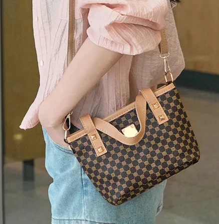 Stylish Luxury Handbag Designer Crossbody Tote with Gold Studs Monogram Canvas Pattern for Women Fashion Purse