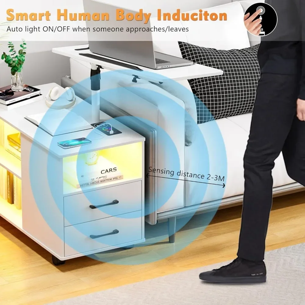 360° LED Nightstand with Wireless Charging Station Movable Adjustable Bedside Table with Laptop Tray