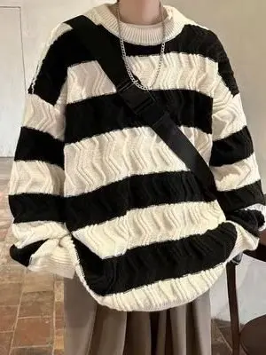 

Retro American Striped Men's Sweater Casual Loose Knitted Outerwear Autumn Winter New Sle Student Faion Brand round Ne