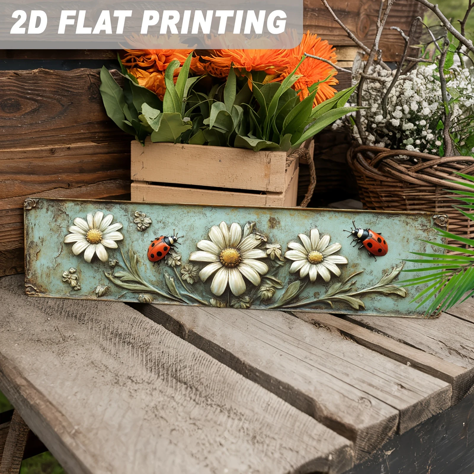 Single-piece Metal Sign with Ladybug and Daisy Floral Design, Vintage Farmhouse Style Wall Art Decor, Suitable for Kitchen