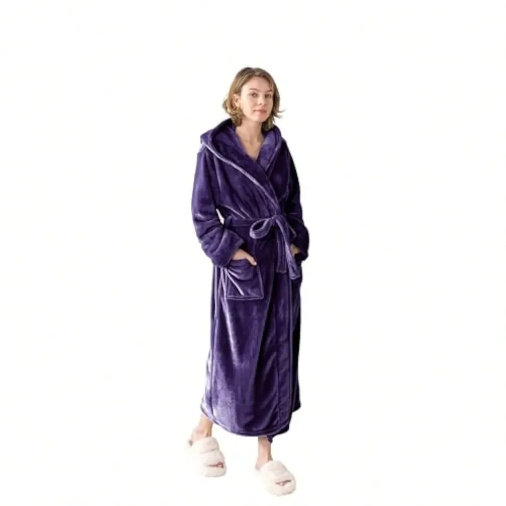 

Hooded Plush Fleece Bathrobe Soft Lightweight FullLength Spa Robe With Sash Pockets