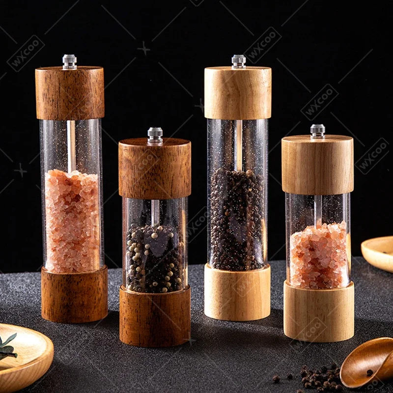 WXCOO 6/8inch Manual Wood Pepper Grinder for Salt Spices Adjustable Ceramic Pepper Grinder Tool Acrylic Sea Salt Grinding Bottle