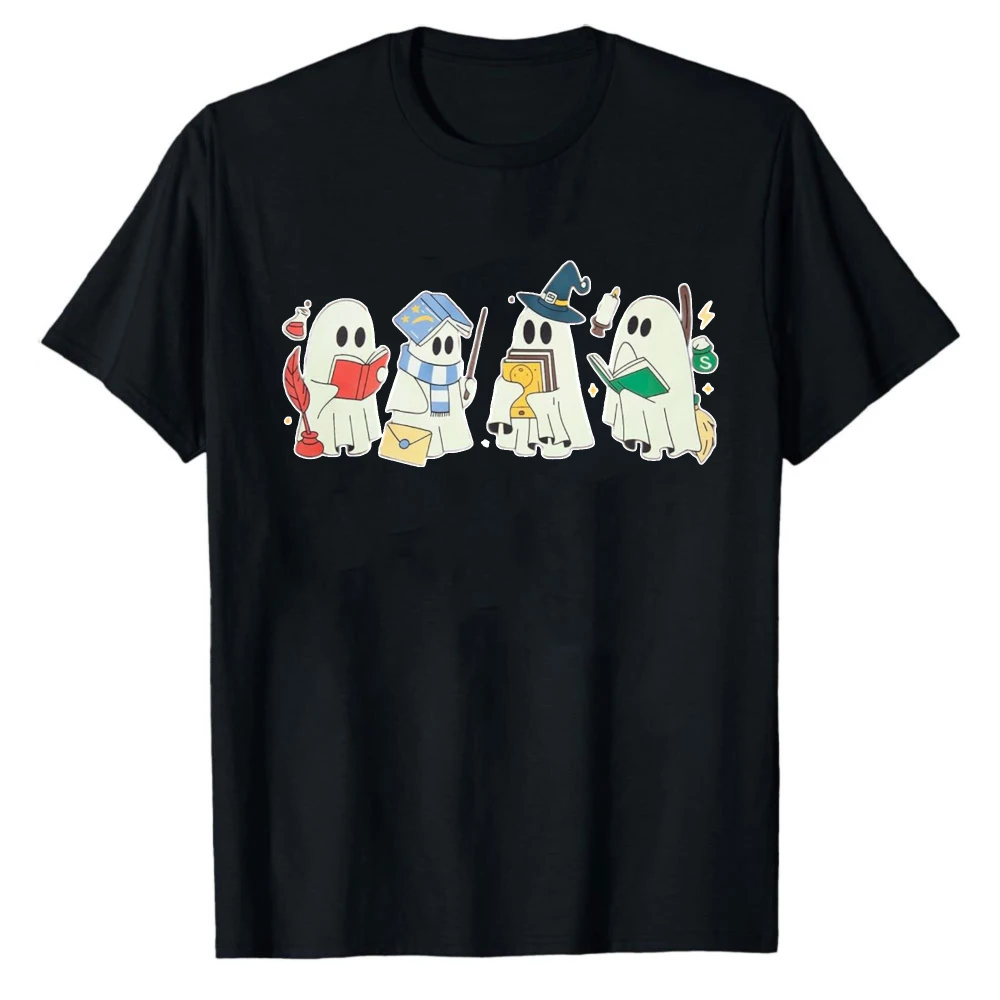 Cute Reading Ghost Wizard Graphic T‑Shirt Men Women Magic Book Witch Broom Potion Print Tees Casual Short Sleeve Cotton Top Gift