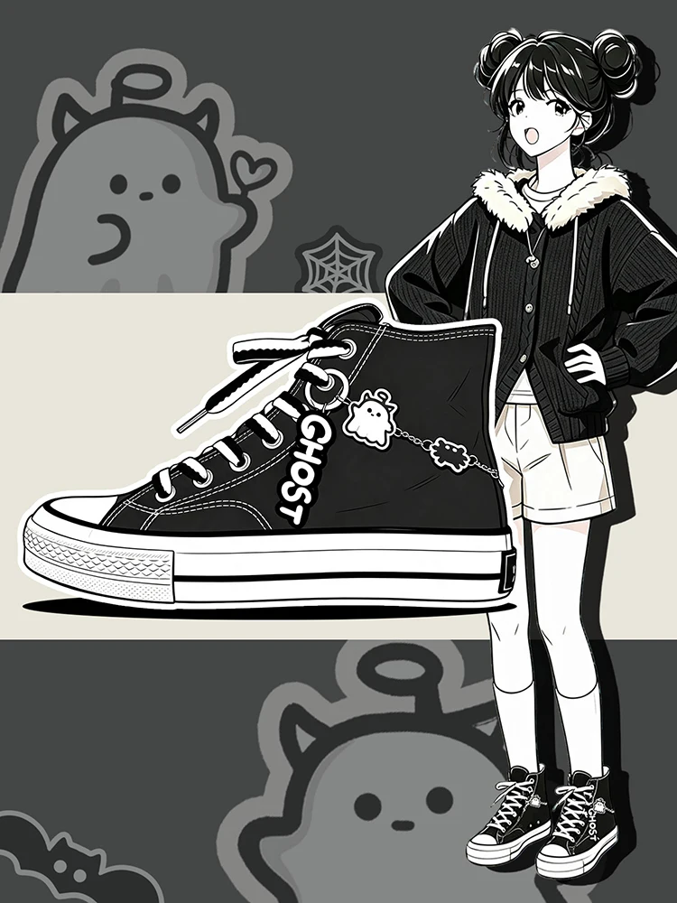 Amy und Michael Y2K Sweet Punk High-Top Canvas-Sneaker für Damen, schwarze Schnürschuhe, flache Freizeitschuhe, niedliche Charms-Schuhe für Teenager-Mädchen – Detail 3