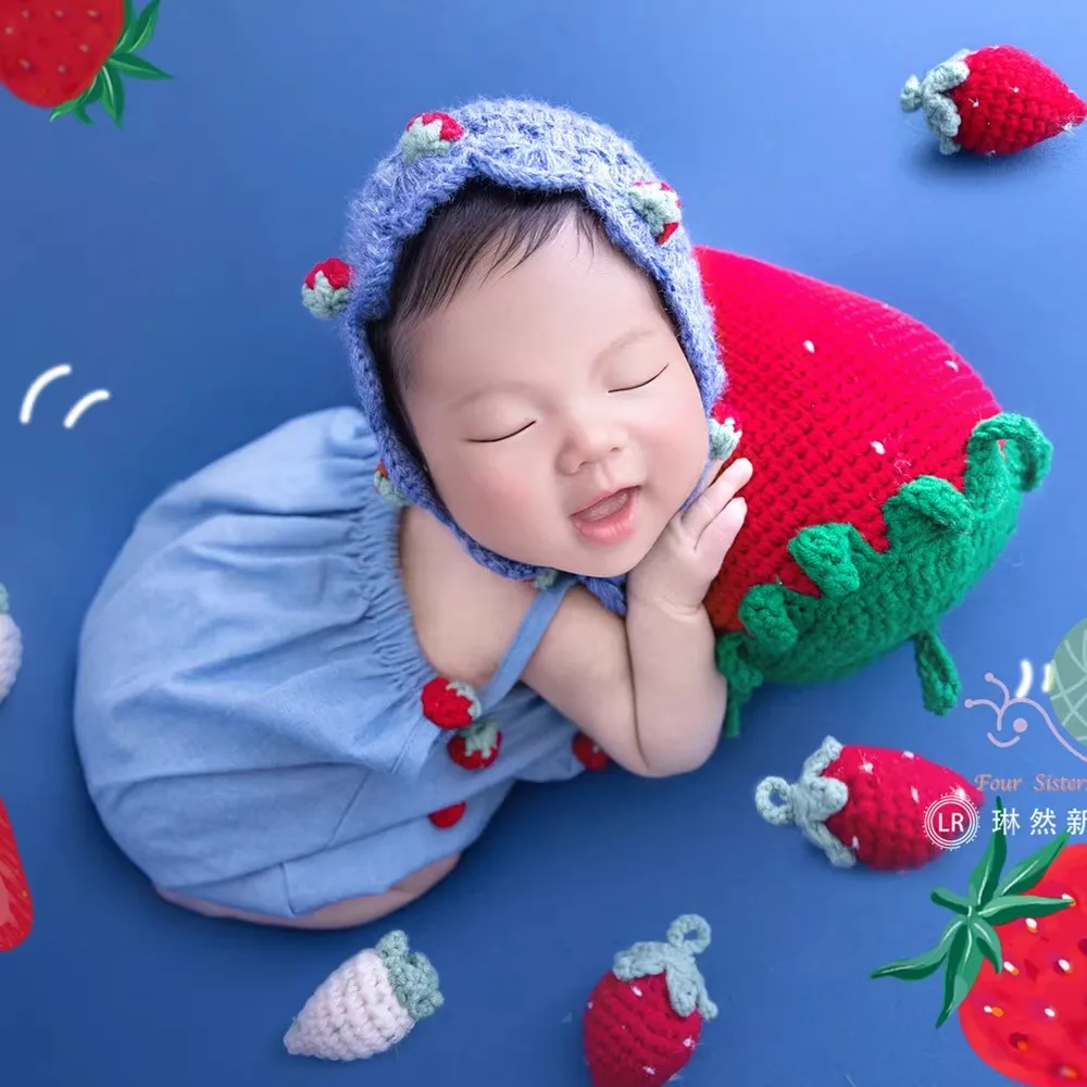 ❤️Newborn Photography Clothing Knitted Strawberry Hat+Jumpsuit 2Pcs/Set Studio Baby Girl Photo Props Accessories Clothes Outfits