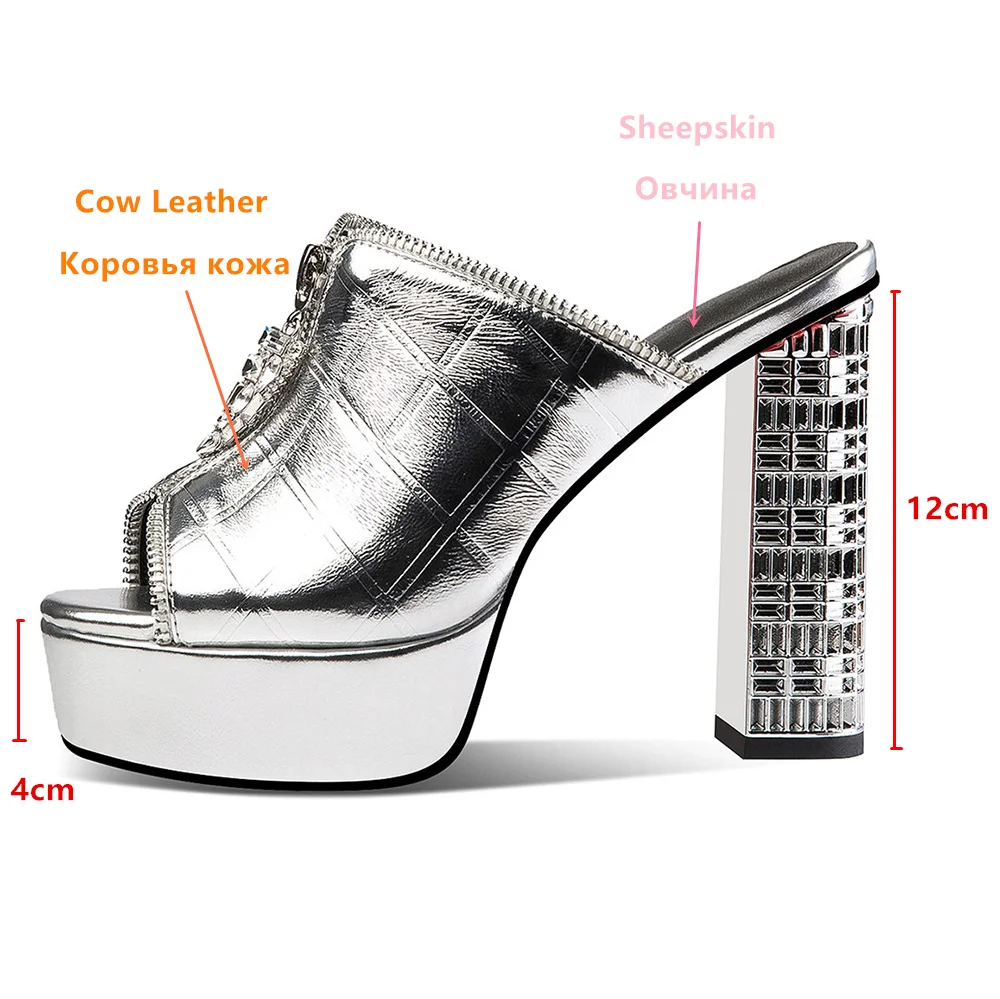 MILI-MIYA Fashion Silver Thick Heels Women Cow Leather Sandals Round Toe Slip On Platform Slip On Solid Color Dress Party Shoes