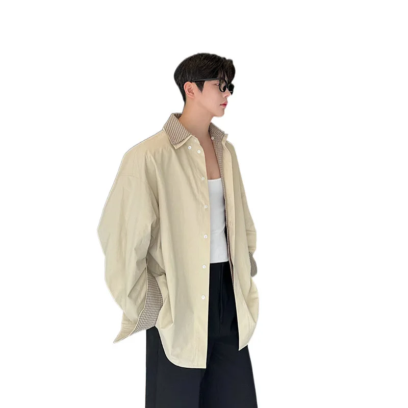 

Autumn Casual and Versatile Personalized Heavy Industry Double-sided Plaid Two-piece Splicing Long-sleeved Shirt