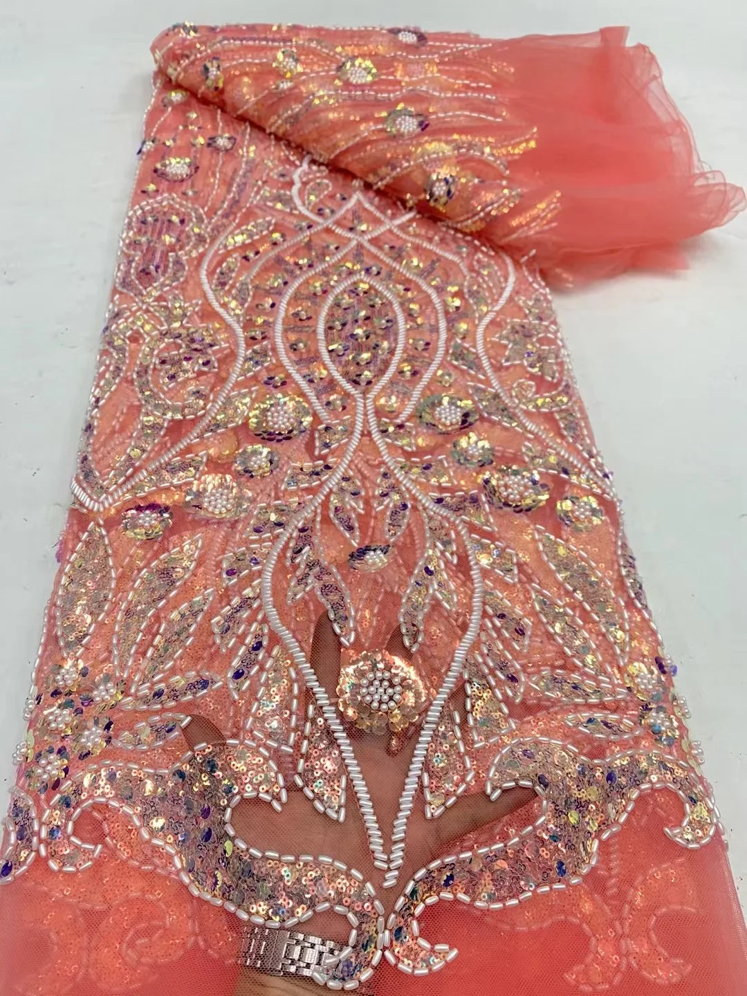 African Nigerian Tulle Lace Fabric,High Quality,Sequins EmbroideryBeaded, French GuipureWedding Party Dress, 5Yards, 2024