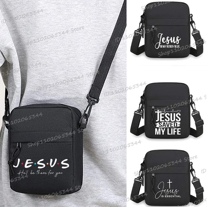 Jesus Handbags for Men Women Casual Black Shoulder Bag Zipper Nylon Fabric Teen Messenger Bag Christianity Mini Mobile Phone Bag