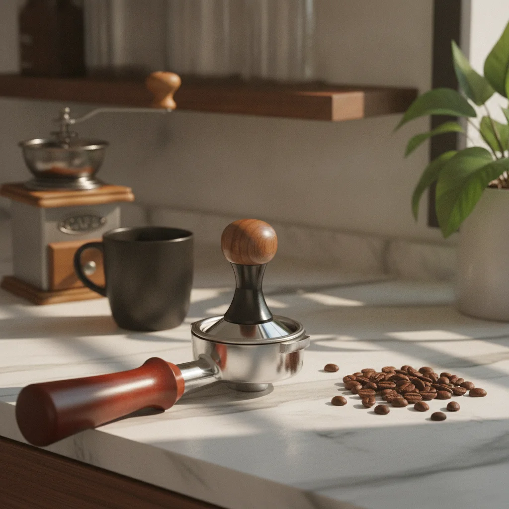 Set de Apisonado de Café Espresso con Distribuidor de Madera y Apisonador con Acabado de Veta de Madera, Equipo de Cafetería Cilíndrico