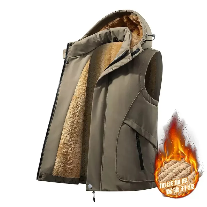 New Autumn/Winter Fashion Sport Fleece-Lined Thickened Warm Hooded Cotton Vest Men's Casual Loose Plus Size High-Quality Jacket