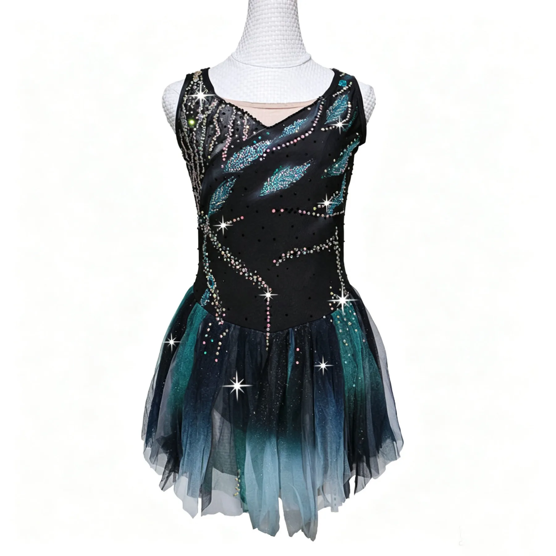 Sleeveless Gradient Green Black Figure Skating Dress Sparkly Rhinestone Crystals Irregular Tulle Tutu Ice Skating Costume