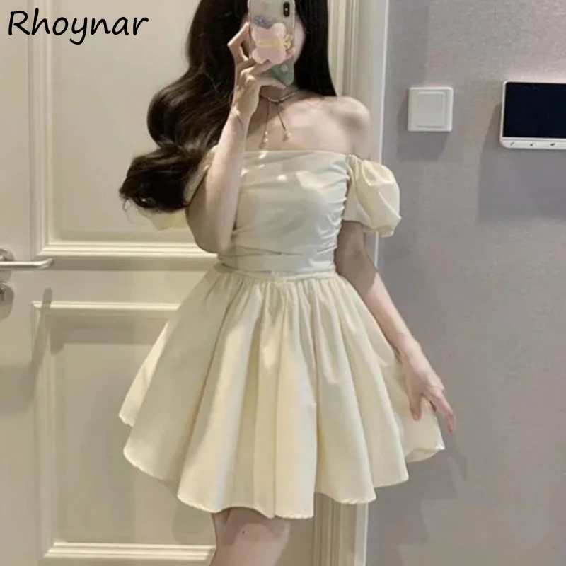 Dresses Women French Style Defined Waist Chic Mini Puffy Casual Sweet Sexy Girls Streetwear Slash Neck Off-shoulder Vestidos