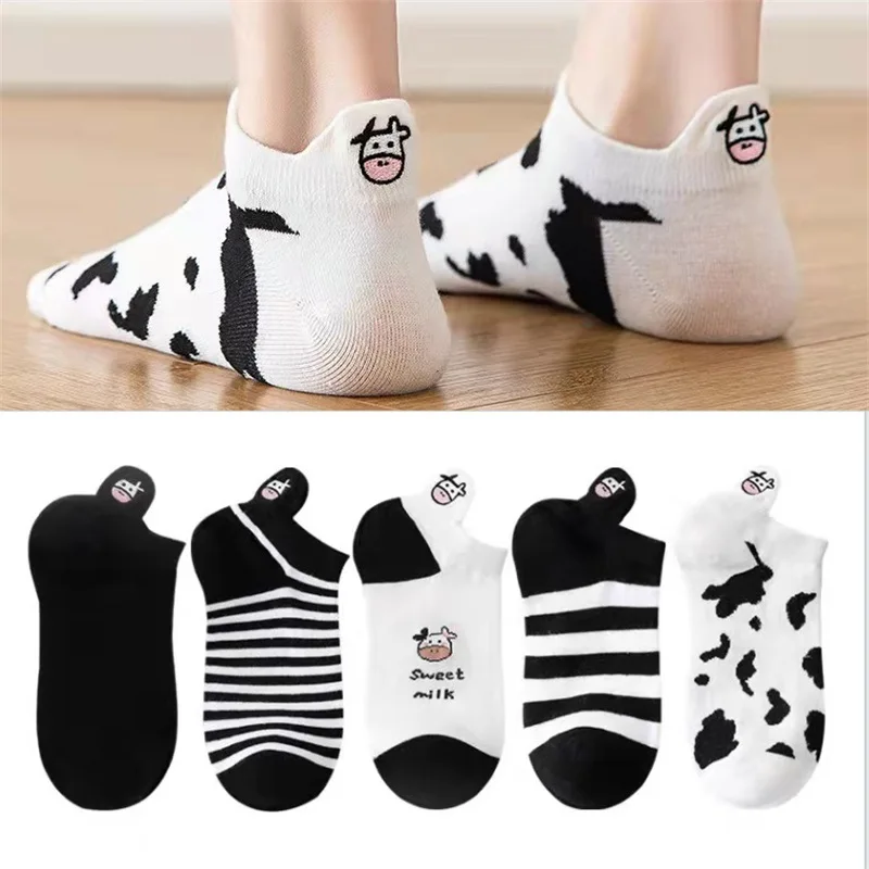 Women Socks Striped Cartoon Socks Cow Printed Sock Lovely Harajuku Cotton White Calcetines Skarpetki Kawaii Sox Calcetines Mujer