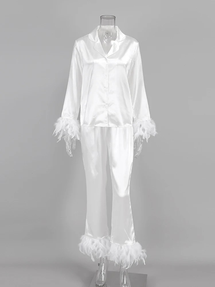 Hiloc-Pijama de satén con plumas para mujer, trajes de pantalón, ropa de dormir de cintura alta, conjuntos de pijama con pantalones de piel,