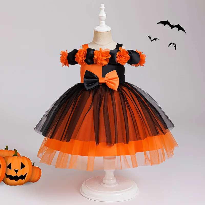 

Halloween Dress Cosplay Witch Sleeveless Dress Orange Black Kids Halloween Long Dress New Design