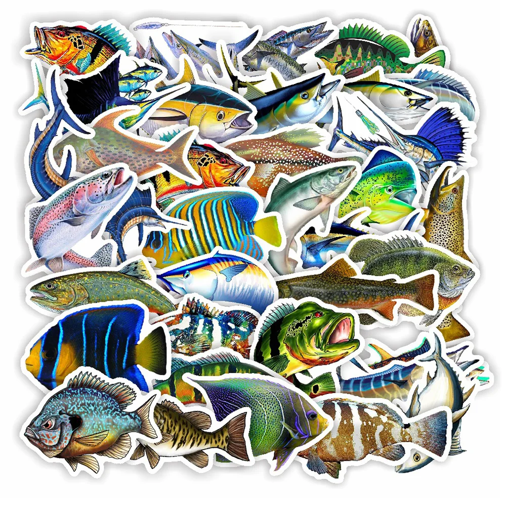 Pegatinas de animales de pescado para decoración de Exteriores, pegatinas de animales para pescar, Maleta, álbum de recortes, teléfono, portátil, papelería, pegatina de juguete para niños, 10/30/50/100 piezas