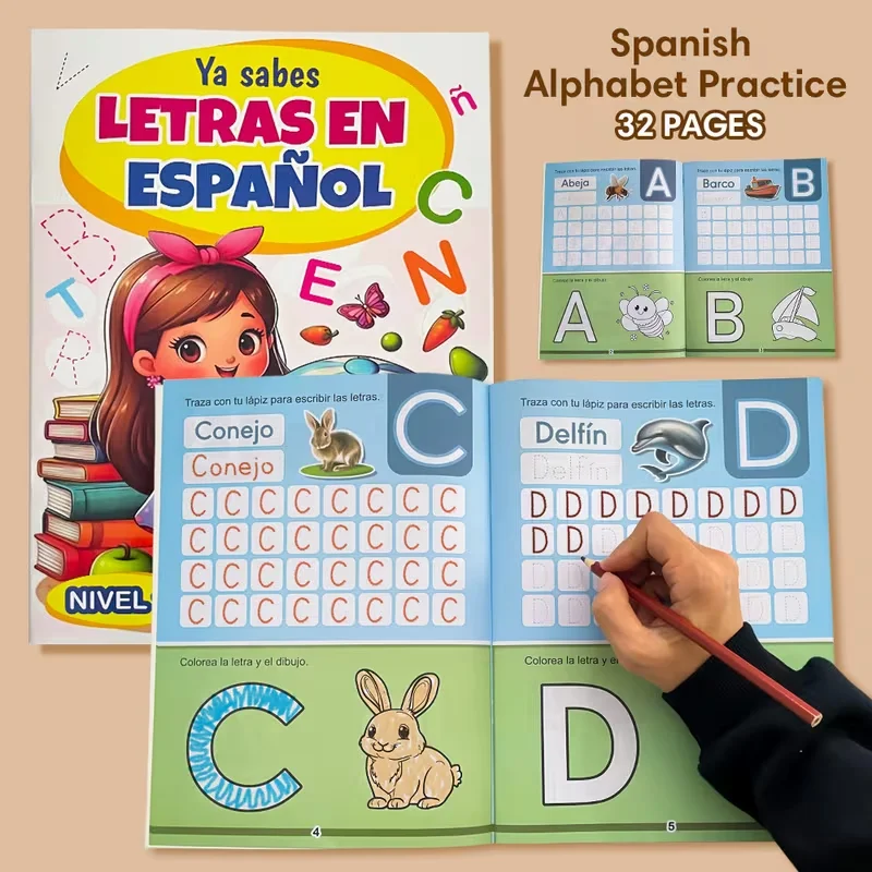 32-page Spanish alphabet and number writing practice book—essential for preschool and homeschooling.