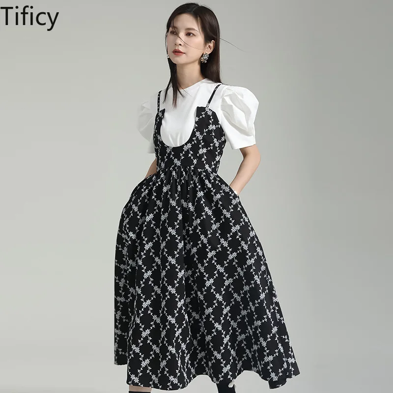 TIFICY-vestido Floral francés para mujer, vestido de princesa fugitivo con dobladillo grande y cintura dorada, verano 2024