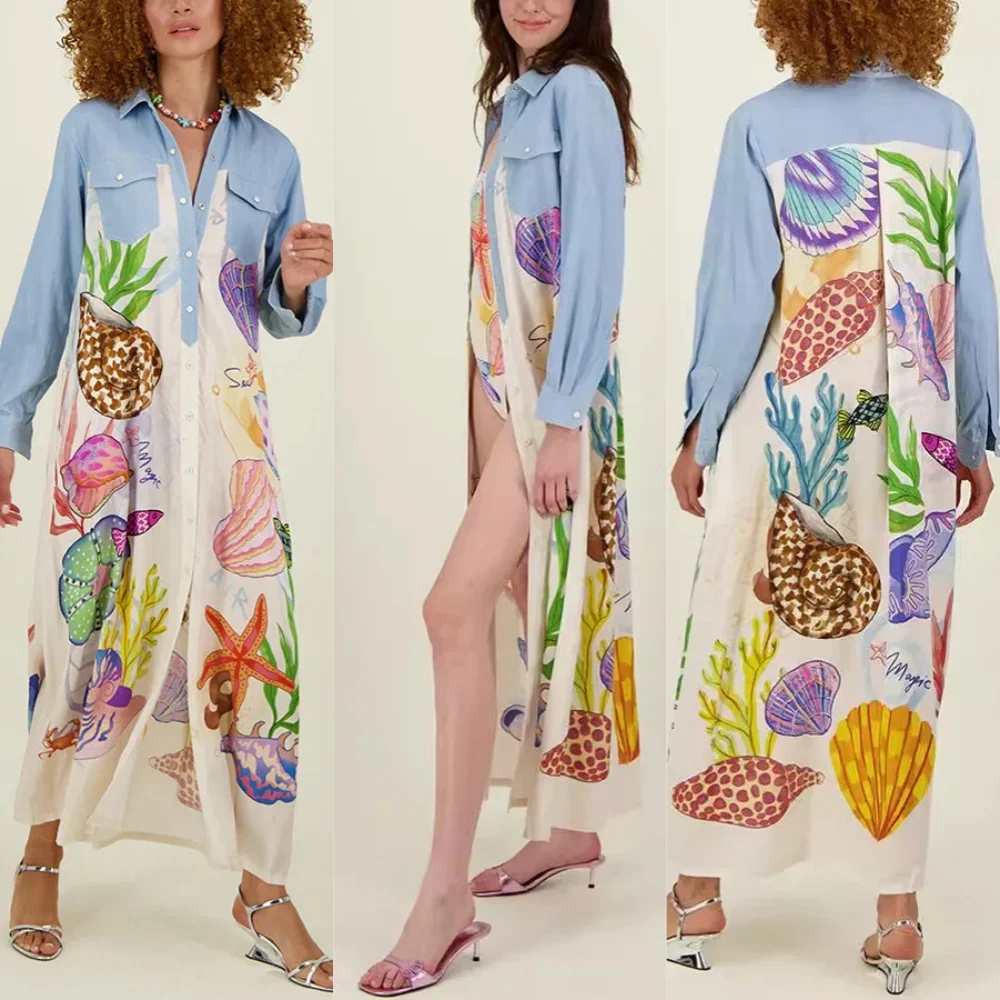 

European and American Personality Printed Long Single Breasted Long Sleeve Shirt Women's Single Breasted Lapel Shirt Coat Skirt