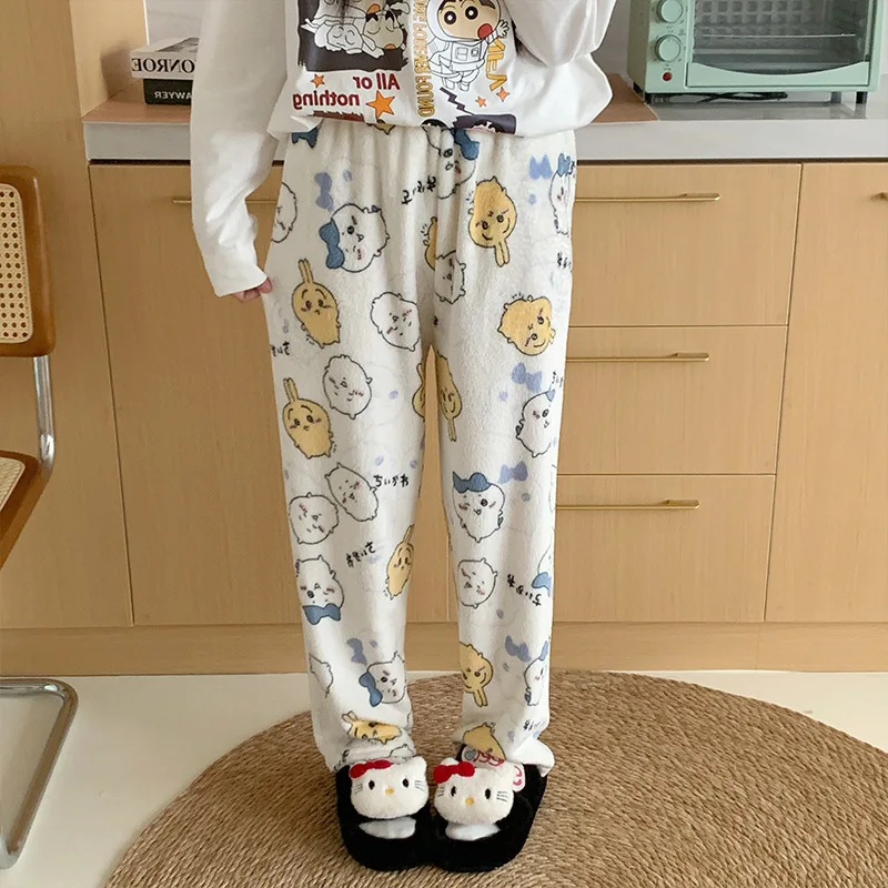 Плюшевые спальные штаны с рисунком Chiikawa для женщин, зимние фланелевые брюки Hachiware в стиле аниме, модные студенческие теплые домашние пижамные штаны