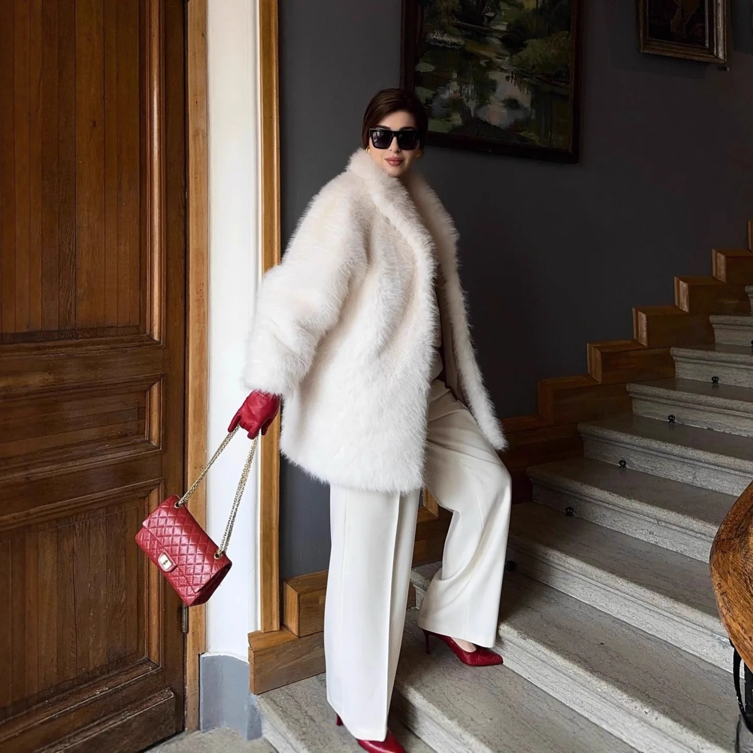 เสื้อโค้ทขนเฟอร์เทียมสำหรับผู้หญิง แจ็คเก็ตสีพื้น แขนยาว ปกพับ ติดกระดุมแบบเปิด ทรงหลวม สไตล์ลำลอง เหมาะสำหรับสาวออฟฟิศ ฤดูใบไม้ร่วง ฤดูหนาว 2025