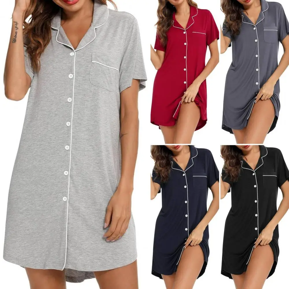 Women Summer Nightdress Short Sleeve Shirt Type Lapel V Neck Single-breasted Loose Homewear Sleep Dress Nightwear