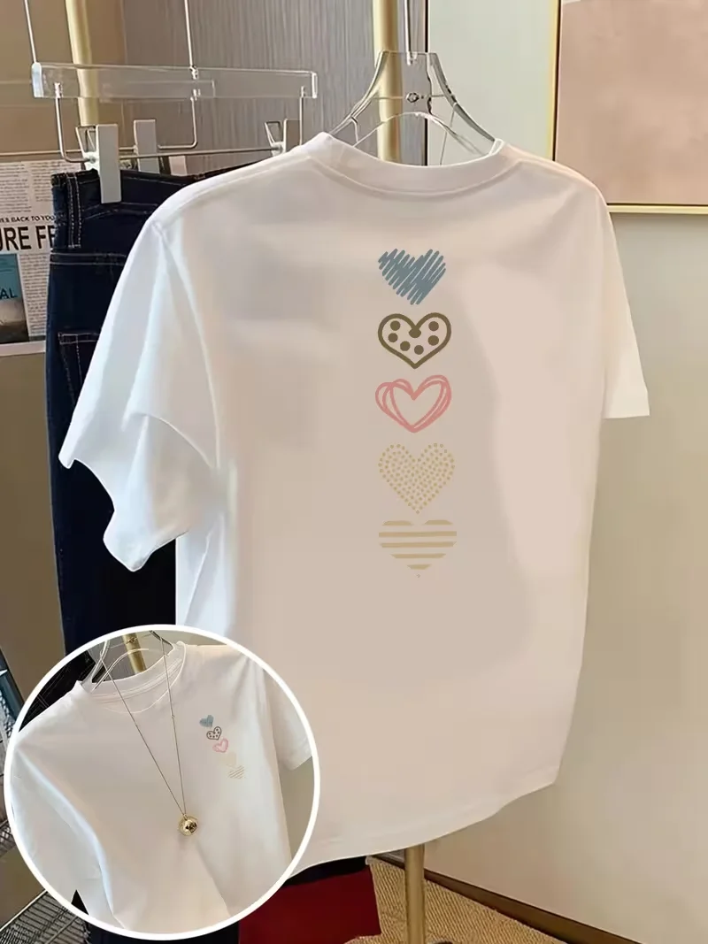 Damen Kurzarm-T-Shirt mit Herz-Print - Doppelseitiges Liebesdesign Rundhals-Freizeitoberteil, Frühling Sommer Herbst Freizeitkleidung
