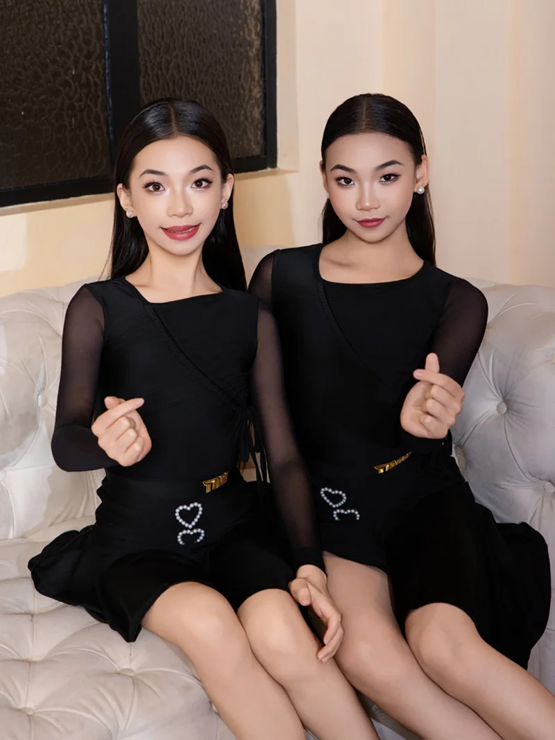 

Детский костюм для латиноамериканских танцев для девочек: боди с длинным рукавом и юбка с жемчугом, для соревнований и тренировок