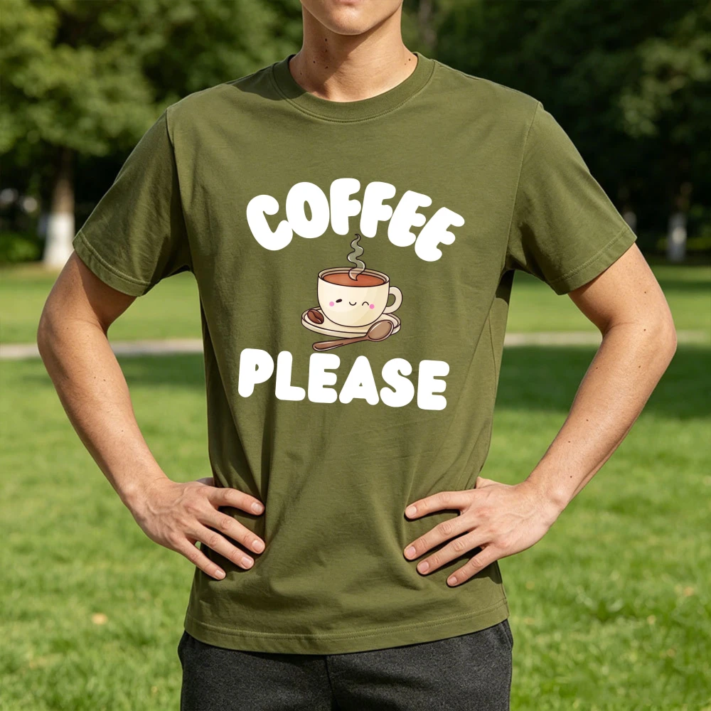 Coffee Please Cute Kawaii Coffee Cup Graphic T Shirt Men Coffee Lover Print Tee Unisex Cotton Short Sleeve Barista Casual Tops