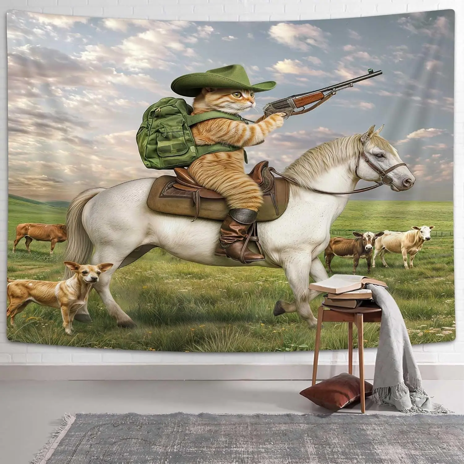 Funny Animals Tapestry,Cat Cowboy with Rifle Rides A Horse on Green Grass Ranch Cow Dog Wall Tapestry Hanging for Bedroom Living
