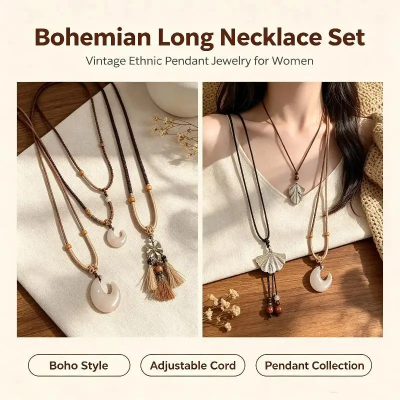 Böhmische lange Halskette mit Anhänger für Damen, runde, ovale Blatt-Perlenkette, Seilketten-Pulloverkette, geometrischer, trendiger Schmuck, Geschenkidee – Detail 1