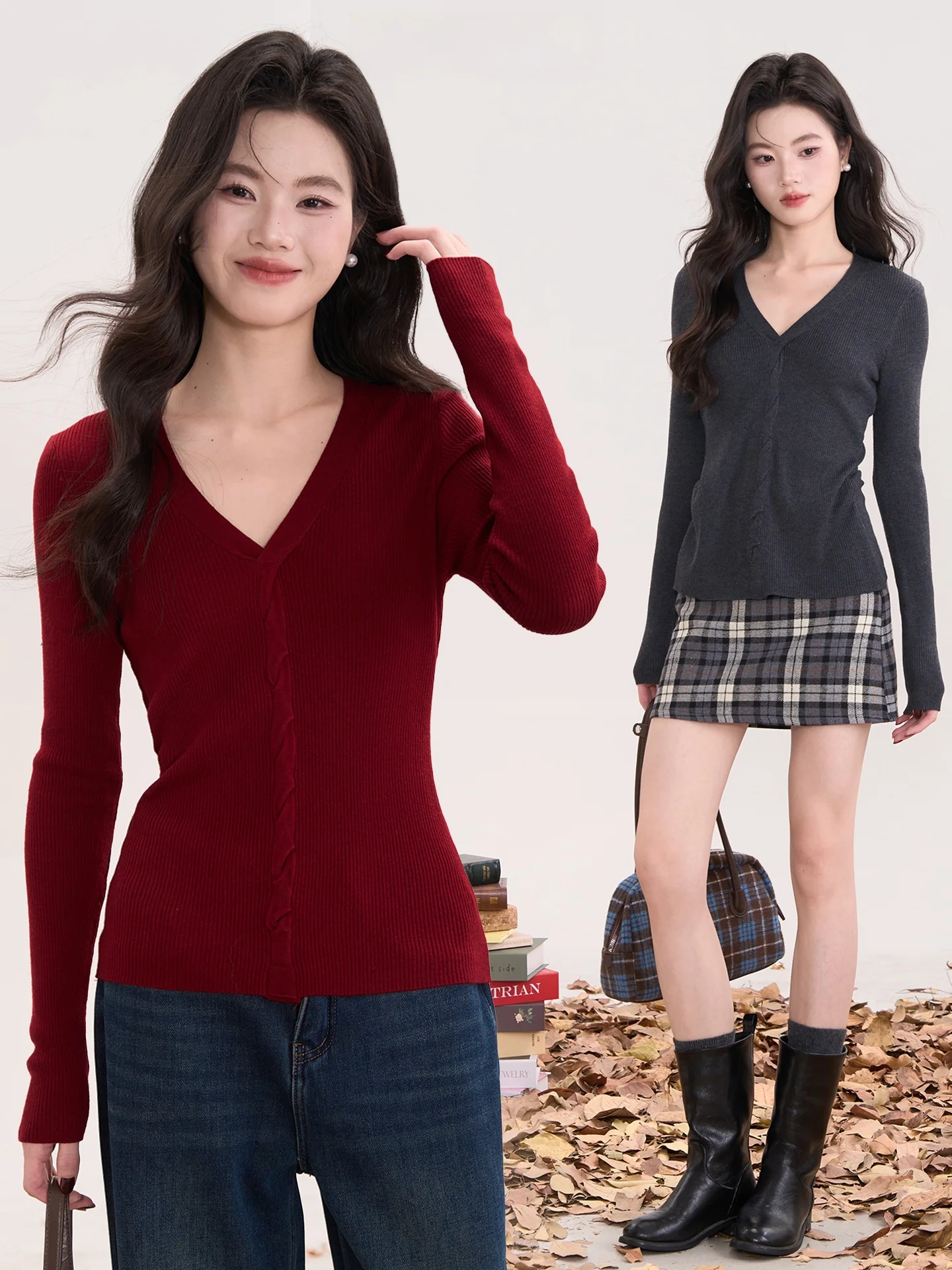 

Heme 0 Wool Blend Knitted V-Ne Top Women's Early Spring Base Layer irt Floral Window Design Knot Detail Slim Fit Long Sl...