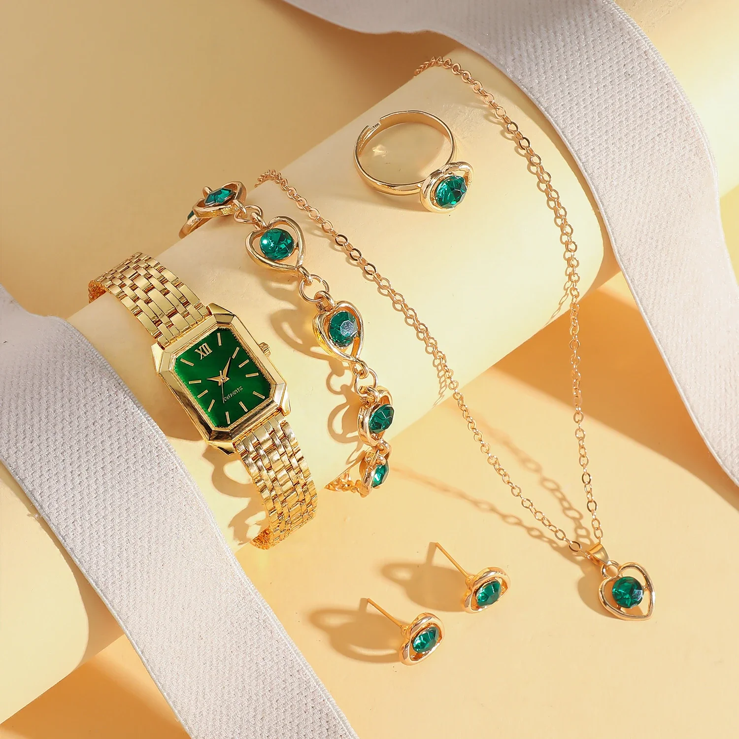 أزياء خفيفة فاخرة مربع الطلب سبيكة حزام المرأة كوارتز ساعة مجوهرات مجموعة 6 قطعة مجموعة لهدايا العيد #1