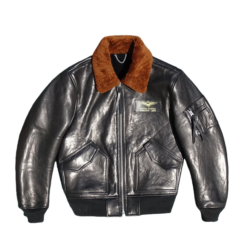 Black Winter Leather Jacket Men Retro Style Plus Size 3XL Genuine Natural Thick Sheepskin Turn-Down Collar Military Flight Coat